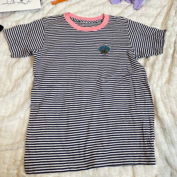 J CREW Navy White Striped Tee SHirt Crewneck Seashell Nautical Extra Small XS - Picture 1 of 3
